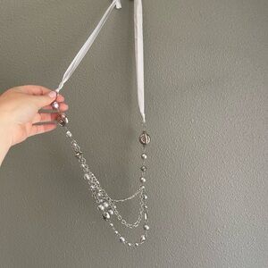 Silver Beaded Necklace with Ribbon